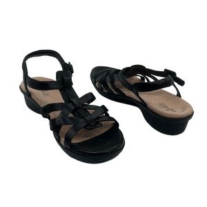 Clarks Black Loomis Katey Leather Wedge Strappy Sandals Size 7 1/2 Women's